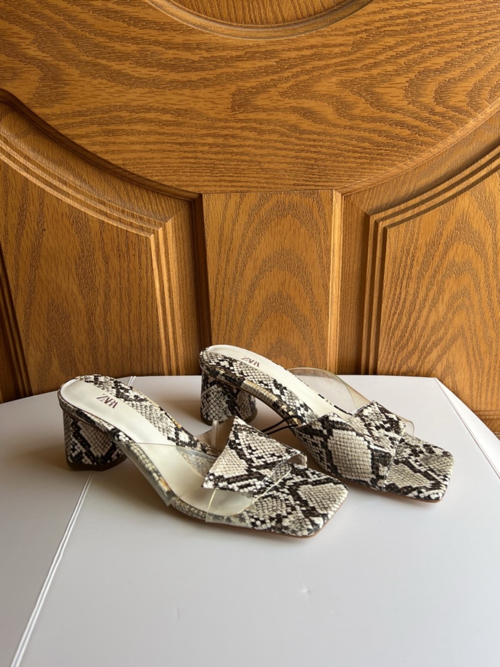 Zara Snake Print Heeled Mules – Clear Strap, Square Toe, Block Heel, Trendy Slip